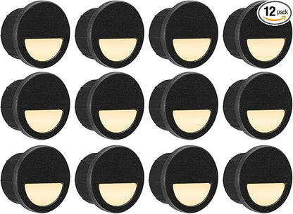 GKOLED 12 Pack Recessed Low Voltage LED Step Riser Light, Diameter 1" Mini Size Landscape Lighting for Outdoor Deck Stair Railing Post, 12V 3000K, Die-cast Aluminum, Black Powder Coated, UL-Listed