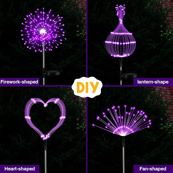6 Pcs Mardi Gras Solar Firework Lights Solar Lights Outdoor Garden 120 LED 8 Modes Waterproof LED Sparkler Outdoor for Carnival Patio Yard Pathway Walkway (Purple,Yellow,Green)