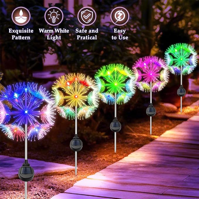 2 Pack Solar Garden Lights, LED Dandelion Light, IP44 Waterproof Solar Firework Light for Halloween Yard Garden Decorations, Waterproof LED Sparkler for Patio Pathway Walkway