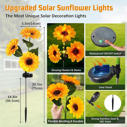 Sunflower Solar Lights Outdoor, IP65 Waterproof Fairy Decor Light, 2 Modes Constant Light&Blinking, 6 Pack Flower Lights with 18 Sunflowers, Ideal for Garden, Back Yard, Patio, Flower Bed, Cemetery