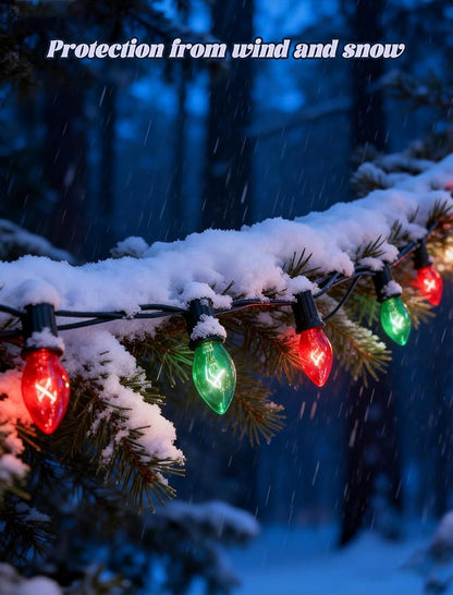 C7 Red Green Christmas Lights Outdoor, 25Ft Vintage Christmas String Lights with 27 Clear Red Green Ceramic Bulbs, Waterproof Connectable Christmas Decorations for House, Xmas Tree, Garden, Yard