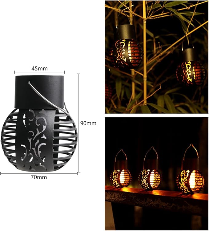 Solar Outdoor Lights Simulation Flame Chandelier Decorative Hanging LED Round Ball Lights 2 Pack Solar Garden Lights Waterproof Solar Powered Ball Lights for Camping Yard Patio Fence Tree Decoration