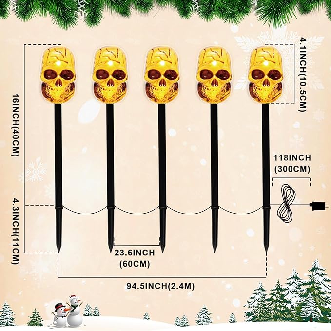 LAMPHOME Halloween Pathway Lights Outdoor, 5PCS Skull Halloween Decorations Outdoor Yard, Pathway Marker Stake Lights for Patio Ground Path Sidewalk Walkway Driveway