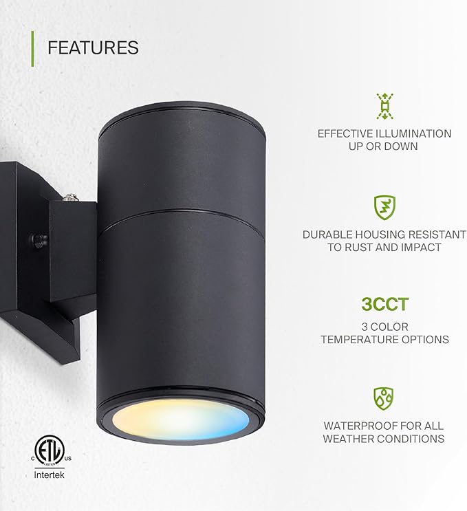 ASD 1 Light Dusk to Dawn LED Outdoor Wall Light Fixture | 9W 1000LM 3000K-5000K 120V Cylinder Up Down Lights | | Lumora