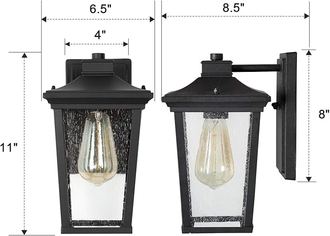 LALUZ Outdoor Porch Light Fixture Exterior Wall Sconce Lantern Mount with Seeded Glass for Patio, Balcony, Front Door, Entryway or Corridor (Black Finish), A03319s
