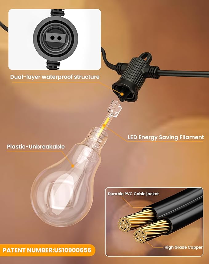 Outdoor String Lights, 50FT LED Patio Lights with 25+2 A45 Vintage Edison Shatterproof Bulbs, Waterproof | Lumora
