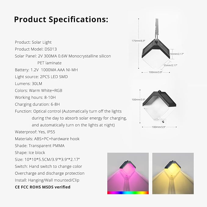 Hanging Solar Lights Landscape Path Lights Outdoor Waterproof Ice Block Lantern with Ring Clip Wall mounted DIY String Light Christmas Decor Tree Yard Garden Patio Fence (1 pack warm white & RGB)