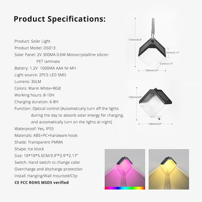 Hanging Solar Lights Landscape Path Lights Outdoor Waterproof Ice Block Lantern with Ring Clip Wall mounted DIY String Light Christmas Decor Tree Yard Garden Patio Fence (1 pack warm white & RGB)