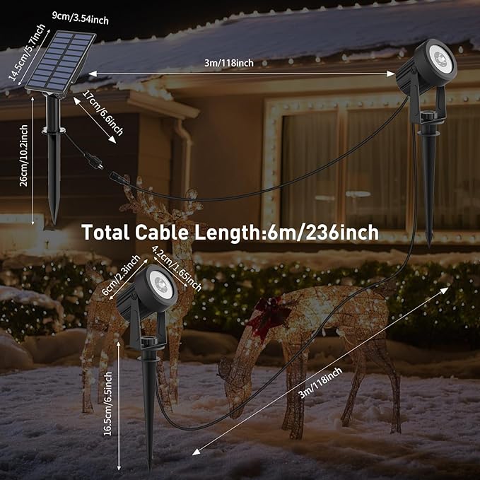 T-SUNUS Christmas Solar Spot Lights Outdoor White 6000K IP65 Waterproof 2-in-1 Landscape Spotlights, 9.8ft Cable | Lumora