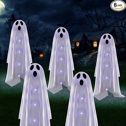 Halloween Decorations Solar Garden Lights Outdoor,6PACKS Halloween Ghost Decorations Lights with Scary Party Gifts Decor,Solar Scary Ghost Path Lights for Halloween Party Decor Cold White