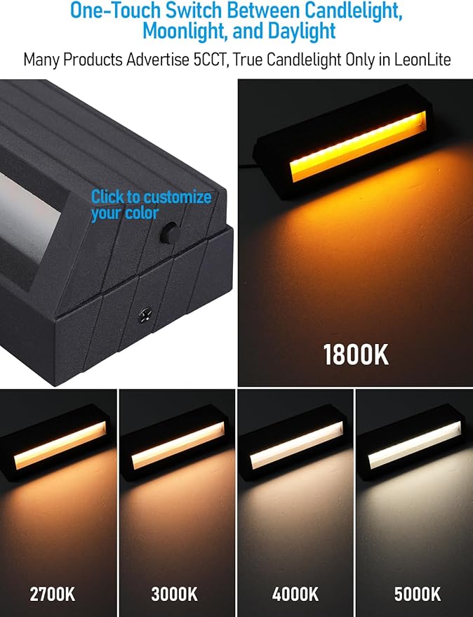 LEONLITE 5CCT Low Voltage Fence Lights, 8inch 5W LED Deck Lights, 12-24V AC/DC Landscape Step Railing Light, CRI90, 1800K/2700K/3000K/4000K/5000K, IP65, UL Listed Cord, Black, Aluminum, Pack of 4