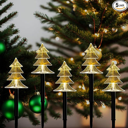Christmas Solar Pathway Lights Outdoor, Waterproof Christmas Tree Garden Lights with 2-Lighting Modes, Set-of-5 Walkway Solar LED Lights for Yard Lawn Patio Landscape Wedding Decorations(Warm White)