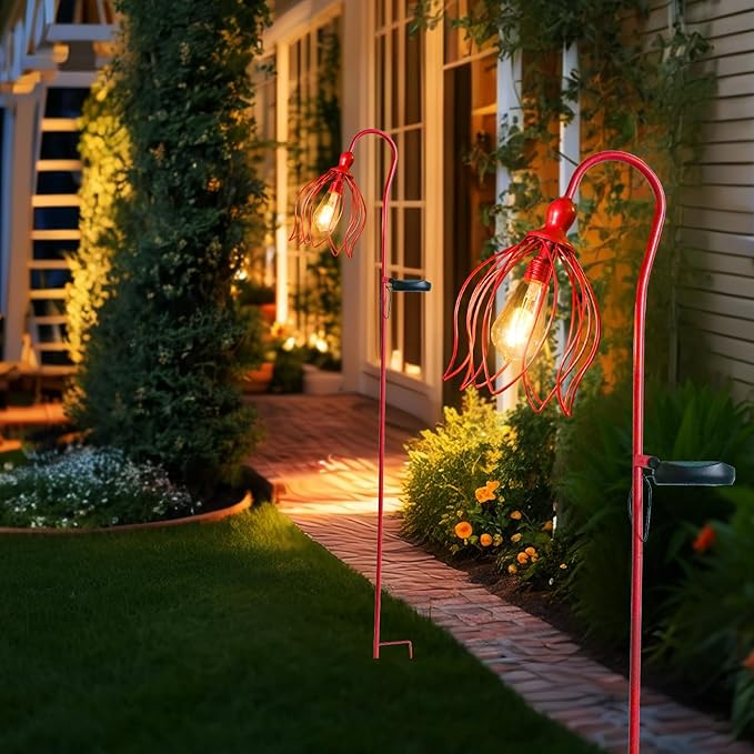 Bshine Solar Lights Outdoor Garden Decoration, Flower Metal Stake Waterproof Hanging LED Solar Lamp for Outdoor Patio, Yard Decoration Lawn Art, Walking Lights, 2PCS Pink