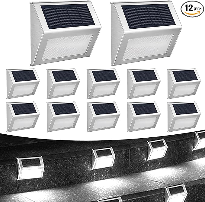 12 Pack Solar Step Lights for Outside Solar Stair Lights Waterproof IP 65 Led Outdoor Deck Lights,Cool White Lights | Lumora