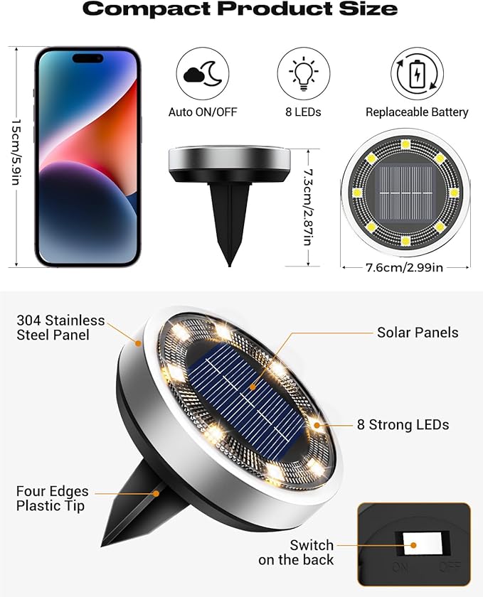 btfarm 12 Pack Solar Lights Outdoor, 8 LED Solar Ground Lights IP65 Waterproof Flat Solar Disc Light, Pathway | Lumora