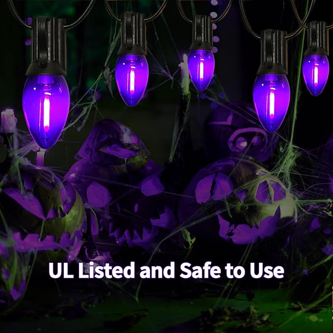 12FT Purple Halloween Lights Outdoor, C7 LED String Lights Plug in with Black Wire for Porch Railing, Walkway | Lumora