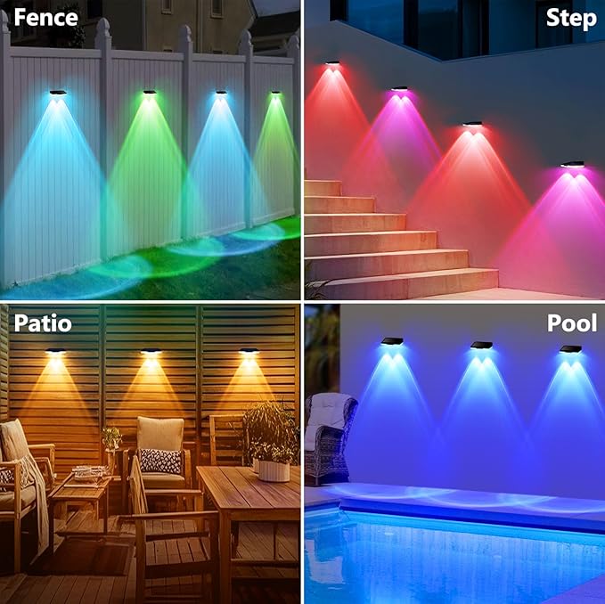 Solar Fence Lights Outdoor Waterproof Led, Fixed Colors/Color Changing/3000K, 50 Lumens Fence Lights Solar Powered for Wall/Patio/Outside/Post/Yard/Stair, Auto ON/Off Deck Lighting (8 Pack)