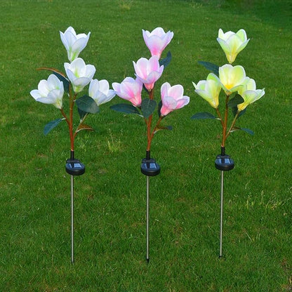 Solar Garden Lights Solar Light Outdoor, Magnolia Flower Lamp Stick Lamp 4 Forks Garden Ground Lamp for Home (Pink Magnolia White Light) (Color : White)