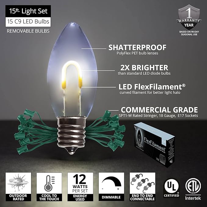 15' FlexFilament LED Cool White C9 Christmas Lights Outdoor String Lights, Shatterproof Edison Bulb String Lights | Lumora
