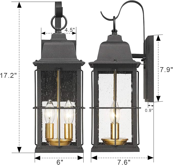 Zeyu Exterior Porch Light Fixtures, 17 inch Outdoor Wall Sconce for House in Black and Gold Finish with Seeded Glass Shade, 20071B2
