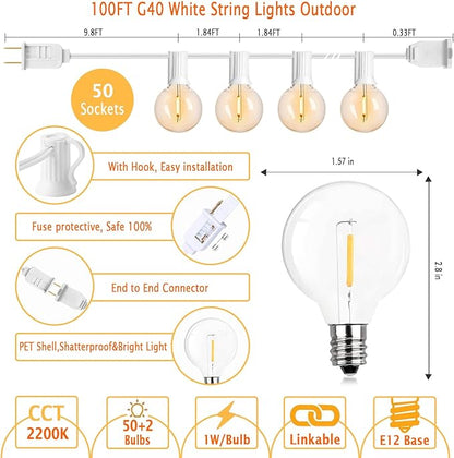 G40 LED Outdoor String Lights White 100FT Patio Lights with 52 Shatterproof Edison Bulb, White String Lights Waterproof Outside for Wedding,Proposal,Party,Anniversary