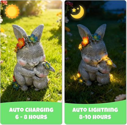 Solar Garden Statue Light, 8 inch Resin Rabbit Figurine with Flowers Outdoor Decor for Patio, Lawn, Yard, Housewarming Birthday Gifts Gift for Bunny Lovers, Mom, Grandma, Women (Grey Rabbit)
