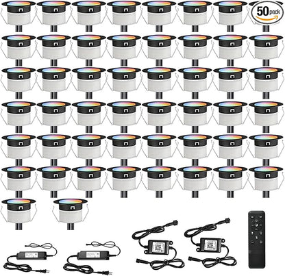 FVTLED LED Deck Lights Kit, 50pcs Φ1.22 WiFi Smart Phone Control Low Voltage Recessed RGBW Deck Lighting Waterproof Outdoor Yard Path Stair Decor, Black