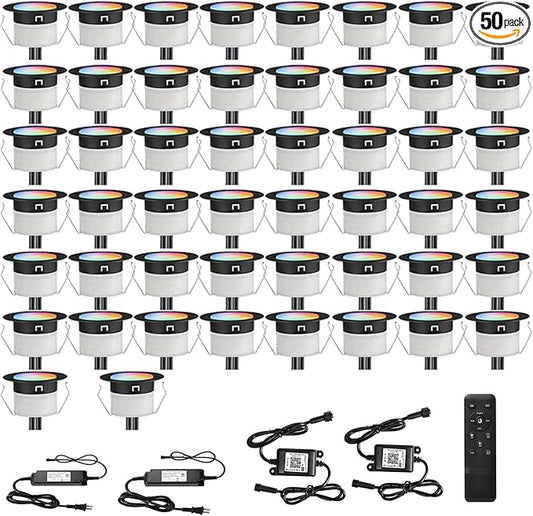 FVTLED LED Deck Lights Kit, 50pcs Φ1.22 WiFi Smart Phone Control Low Voltage Recessed RGBW Deck Lighting Waterproof Outdoor Yard Path Stair Decor, Black