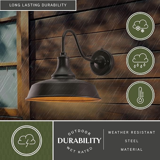 VAXCEL Dorado 11.5 in. H 1-Light Dark Bronze and Light Gold Dusk to Dawn Sensor Farmhouse Outdoor Wall Sconce, Gooseneck Steel Shade, Dark Sky Compliant for Exterior Porch Patio Front Door or Garage