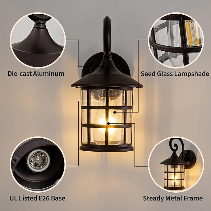 Outdoor Wall Light Fixture 2packs 9.9" Exterior Porch Lights Lantern Sconce with Seeded Glass Shade Wall Mount Outside Lights for Garage Front Door Pathways Balcony Patio Street Cafes