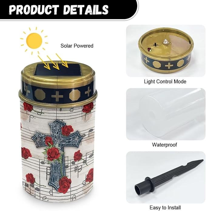 Poceacles Cross Solar Lights - Outdoor Stake Lights with Solar Powered Grave Candles, Red - Garden Figurine Light | Lumora