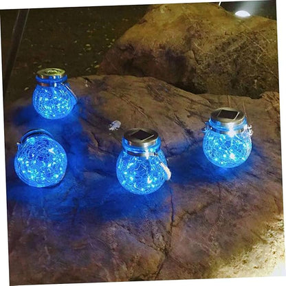 YARNOW Solar Powered Hanging Light Decorative Crackle Glass Jar Lamp for Outdoor Garden Lawn and Patio with Blue Led Light