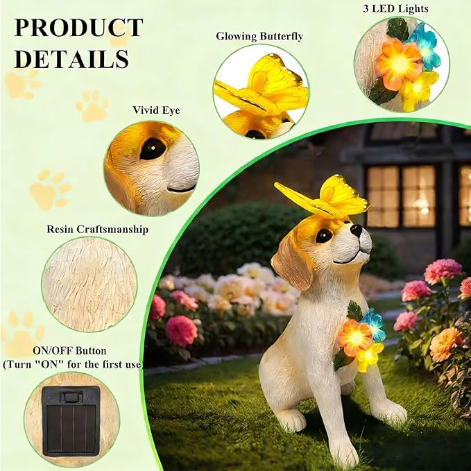 Solar Dog Garden Statues Decor, Outdoor Fairy Dogs Figurines Accessories Decorations with LED Lights Home Patio Balcony Yard Lawn Ornaments, Unique Thanksgiving Gifts for Mom Women Dad Friends