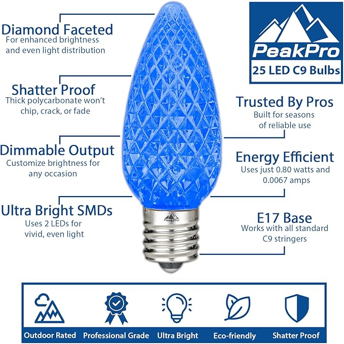 Novelty Lights 25PK C9 LED Faceted Ultra Bright Dimmable Outdoor Christmas Light Replacement Bulbs, LED Replacement | Lumora