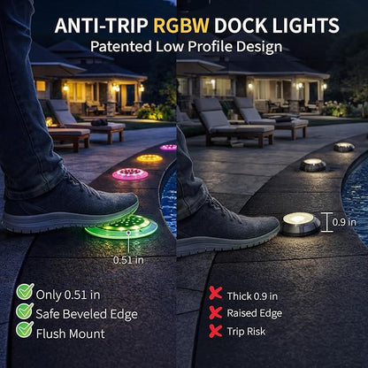 Solar Dock Lights, Color Changing 48 LEDs Super Bright Disc Driveway Light, Outdoor Waterproof Flat Low Profile, Anti-Trip&Anti-Slip for Marine, Ground, Pool, Pier, Deck (RGB-W, 8Pack)
