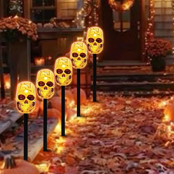 LAMPHOME Halloween Pathway Lights Outdoor, 5PCS Skull Halloween Decorations Outdoor Yard, Pathway Marker Stake Lights for Patio Ground Path Sidewalk Walkway Driveway