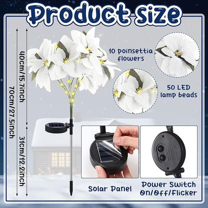 VIHOSE 4 Pcs Christmas Solar Poinsettia Lights Outdoor Artificial Flowers Landscape Waterproof Solar Poinsettia Lights for Yard Lawn Patio Garden Pathway Xmas Party Supplies (7 Flowers,White)