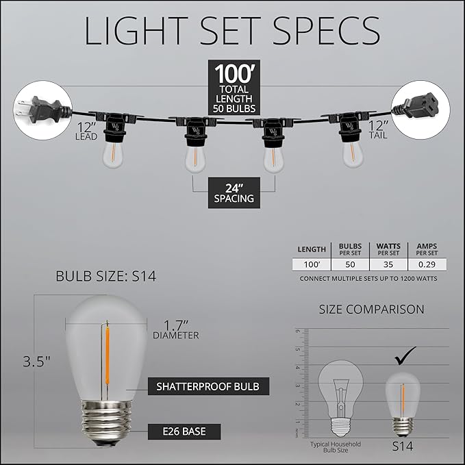 100ft S14 Shatterproof Deck Lights, 50 Bulbs, Outdoor String Lights Waterproof Commercial Grade String Lights | Lumora