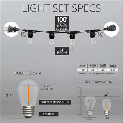 100ft S14 Shatterproof Deck Lights, 50 Bulbs, Outdoor String Lights Waterproof Commercial Grade String Lights