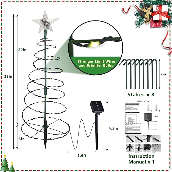 Outdoor Christmas Decorations, 2 Pack 20'' Spiral Solar Christmas Tree Lights, 8 Modes Solar Pathway Lights, Waterpoof Light up Prelit Xmas Tree for Garden Patio Yard Walkway Driveway（Warm White）