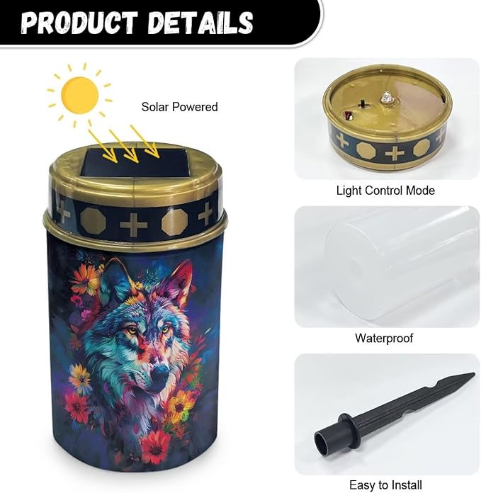 HUGS IDEA Cool Wolf Solar Memorial Lights Floral Solar Path Lights Outdoor Garde Waterproof ABS Grave Decor Outdoor Pathway Lighting for Rustic Yards & Gardens