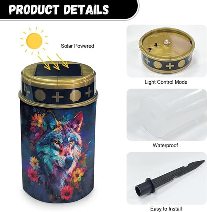 HUGS IDEA Cool Wolf Solar Memorial Lights Floral Solar Path Lights Outdoor Garde Waterproof ABS Grave Decor Outdoor Pathway Lighting for Rustic Yards & Gardens