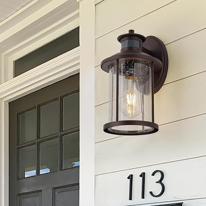 MICSIU Motion Sensor Outdoor Wall Light, 11.5 Inch Oil Rubbed Bronze Exterior Light Fixture with Seedy Glass, 3 Modes Dusk to Dawn Outdoor Wall Sconce for House, Front Porch, Garage, Anti-Rust