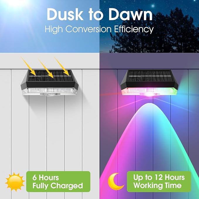 Solar Fence Lights Outdoor 8 Pack, 9 Fixed Colors & Auto Changing Waterproof Fence Lights Solar Powered, Solar Deck | Lumora