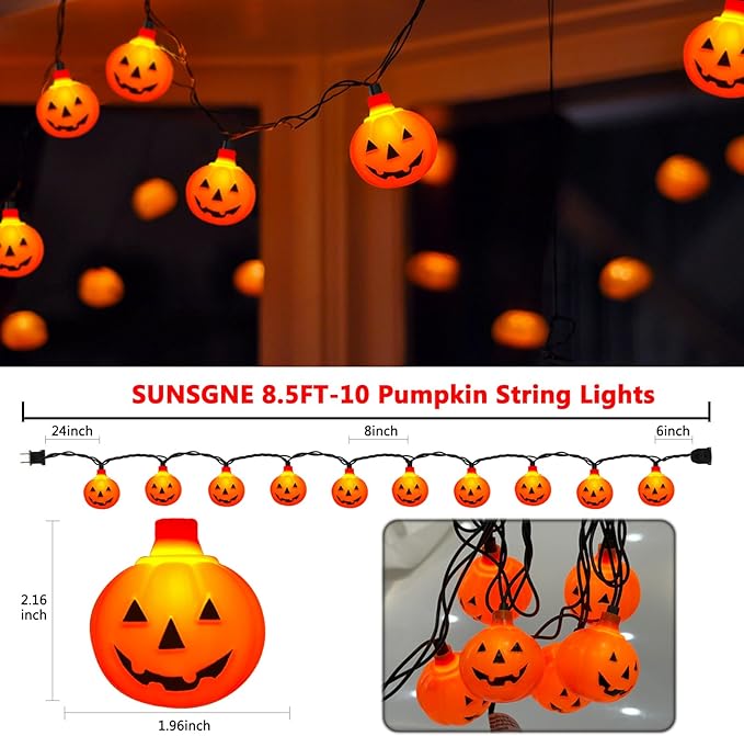 SUNSGNE Halloween Pumpkin String Lights 8.5ft Orange Hanging Decorative String Light with 10 Round Pumpkin Lights for Indoor Outdoor Halloween Party Thanksgiving Day Decor