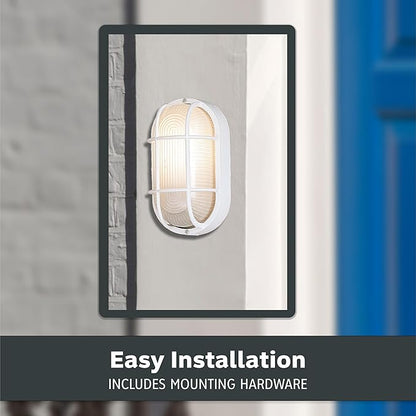 Designers Fountain Outdoor Wall Light, 5 Inch Oval Bulkhead Lighting Fixture with Cage Guard, Porch or Patio Ceiling Mount Sconce, White, 2071-WH