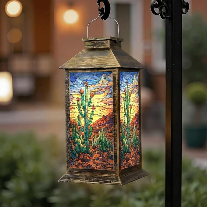 Solar Lantern Outdoor Waterproof Art Storm Clouds Prickly Pear Flowers Garden Decor LED Solar Lights Hanging/Tabletop Lamp Gifts for Women Mom for Outside Yard Patio