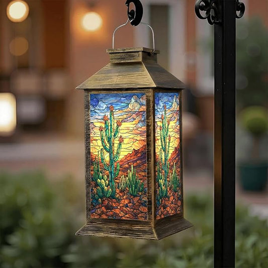 Solar Lantern Outdoor Waterproof Art Storm Clouds Prickly Pear Flowers Garden Decor LED Solar Lights Hanging/Tabletop Lamp Gifts for Women Mom for Outside Yard Patio