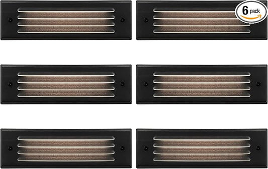 GKOLED Low Voltage Lengthened LED Step Lights, 4W 12V Surface Mount Light with Horizontal Louvered Faceplate, for Steps Decks Pathway Stairs Fences, 2700K, IP65, Die-cast Aluminum, Black (6-Pack)