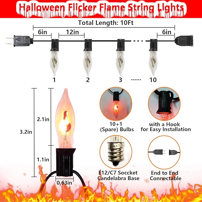 Halloween Flickering Flame String Lights, 10Ft Outdoor Christmas Lights 10 Flicker Flame Bulb Light, Plug in Hanging Patio Light for Indoor Outdoor Party Backyard Christmas Halloween Decor